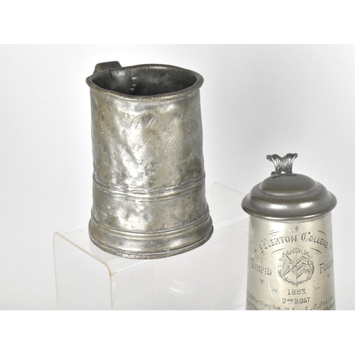 360 - A Victorian Pewter Lidded Rowing Presentation Tankard Trophy Inscribed For 'Merton College 1883 2nd ... 