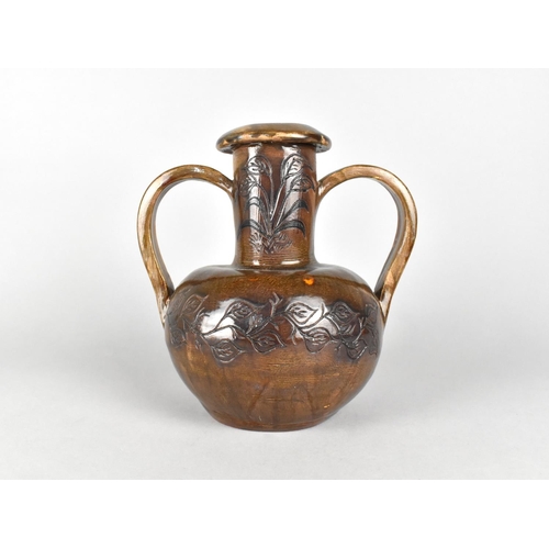 389 - A J Hayes Studio Pottery Twin Handle Vase in Brown Glaze with Incised Leaf Band Decoration, 20cm hig... 