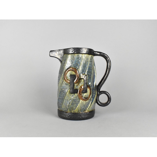 390 - A J Haynes Studio Pottery Jug with Double Loop Handle and Reeded Body Decorated in Shallow Relief wi... 