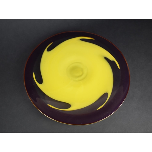 400 - A Large Studio Glass Pedestal Plate, Yellow Trim and Splat on Plain and Purple Ground, 35.5cm Diamet... 