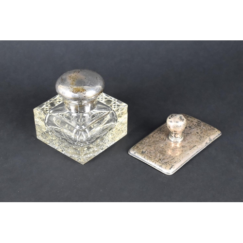 416 - A Silver and Glass Inkwell of Cube Form, 9cm high Together with a Silver Blotter (AF)