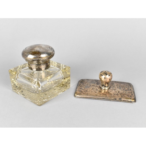 416 - A Silver and Glass Inkwell of Cube Form, 9cm high Together with a Silver Blotter (AF)