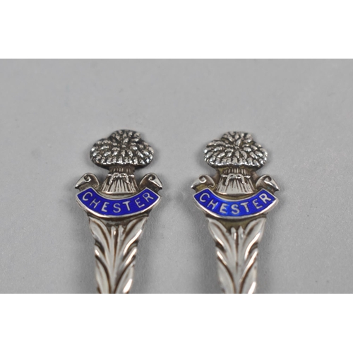 417 - A Pair of Silver and Enamel Souvenir Condiment Spoons for Chester, Birmingham 1913 and Makers Mark R... 