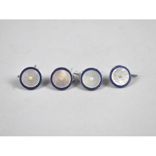 435 - A Set of Four Mother of Pearl, Blue Enamel and Seed Pearl Edwardian Circular Studs, Marked to Back A... 