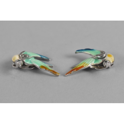 440 - A Pair of Vintage Chromed Clip on Enamelled Earrings in the Form of Birds with Jewelled Eyes, Signed... 