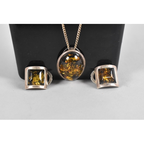 445 - A Matched Suite of Silver and Amber Jewellery to include Oval Necklace and a Pair of Square Clip on ... 