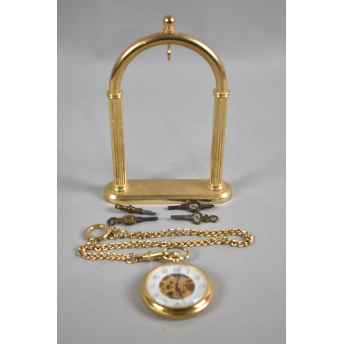 451 - A Gold Plated Skeleton Pocket Watch by Royal London, Complete with Stand, Chain and Four (Unrelated)... 