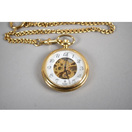 451 - A Gold Plated Skeleton Pocket Watch by Royal London, Complete with Stand, Chain and Four (Unrelated)... 