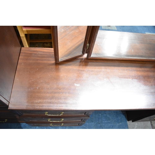 550 - A G Plan Mahogany Kneehole Dressing Table with Triple Mirror and Stool, 154cm wide