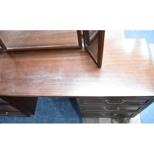 550 - A G Plan Mahogany Kneehole Dressing Table with Triple Mirror and Stool, 154cm wide