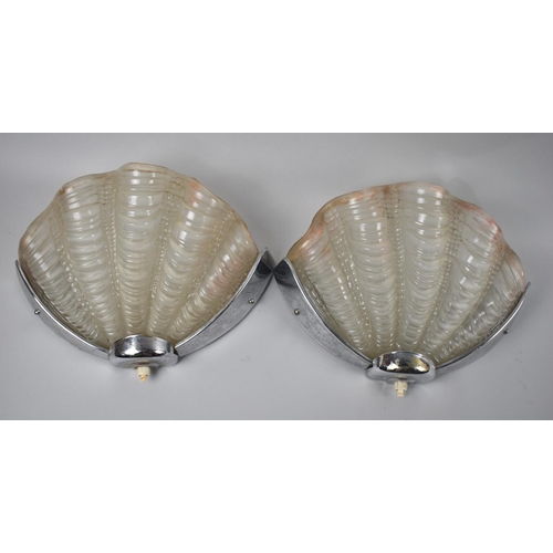 59 - A Pair of Art Deco Chrome and Frosted Glass Shell Moulded Wall Lights, Each 30cms Wide