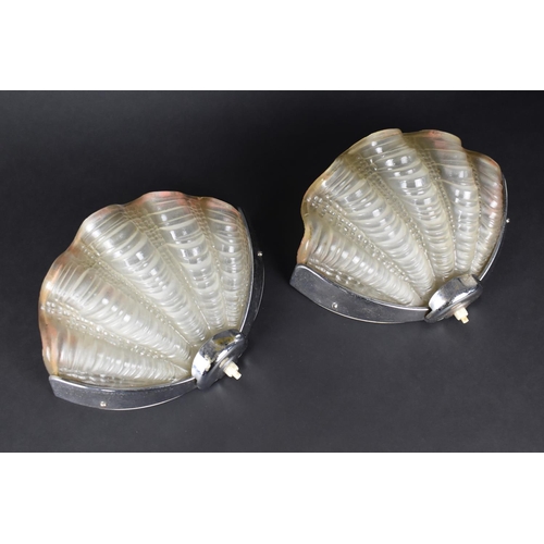 59 - A Pair of Art Deco Chrome and Frosted Glass Shell Moulded Wall Lights, Each 30cms Wide