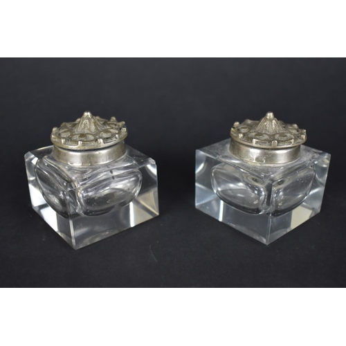 63 - A Pair of Pewter Topped Square Glass Inkwells, to Fit 5.75cms Square Opening