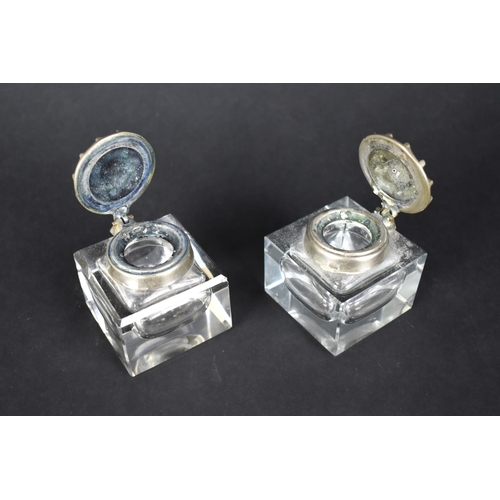 63 - A Pair of Pewter Topped Square Glass Inkwells, to Fit 5.75cms Square Opening