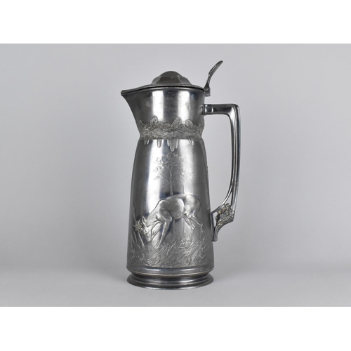 111 - A Large Orovit Lidded Pewter Jug decorated in Relief with Fox Chasing Ducks and Stag Grazing, 35cms ... 