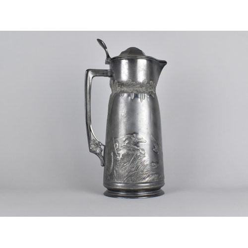 111 - A Large Orovit Lidded Pewter Jug decorated in Relief with Fox Chasing Ducks and Stag Grazing, 35cms ... 