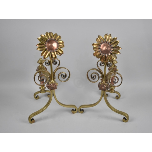 112 - A Pair of Ornate Arts and Crafts Brass and Copper Sunflower Fire Dogs, 38cms High