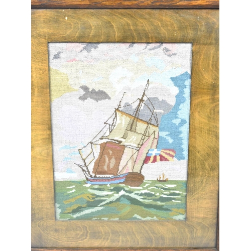 118 - A Mid 20th Century Oak Framed Tapestry Fire Screen depicting Sailing Galleon, 59cms Wide