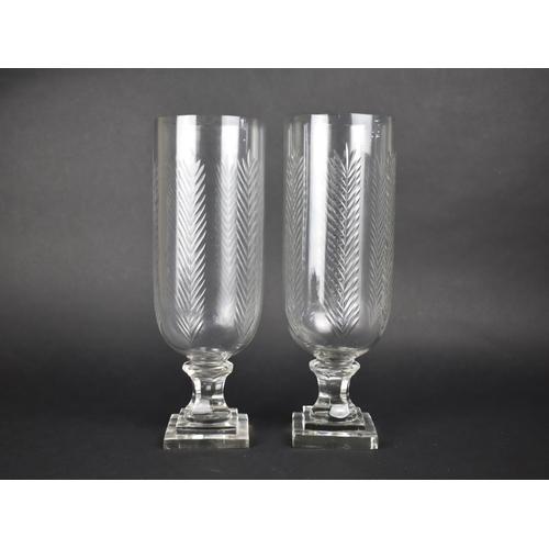 127 - A Pair of Tall Glass Hurricane Lamps, 34.5cms High