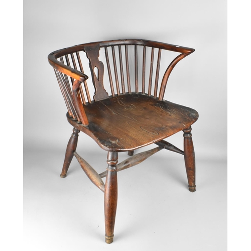 132 - A Late 18th/Early 19th Century Elm Seated Windsor Arm Chair, Hooped Back Cut Off, Pierced Splat AF