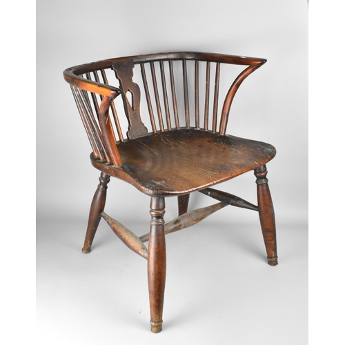 132 - A Late 18th/Early 19th Century Elm Seated Windsor Arm Chair, Hooped Back Cut Off, Pierced Splat AF