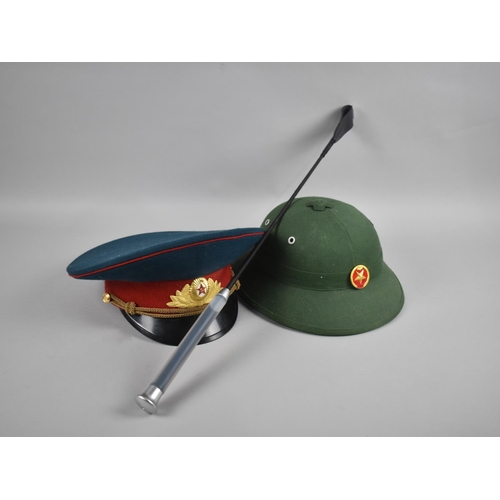 136 - Two Reproduction Contemporary Military Hats and a Riding Whip