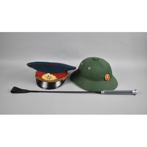 136 - Two Reproduction Contemporary Military Hats and a Riding Whip