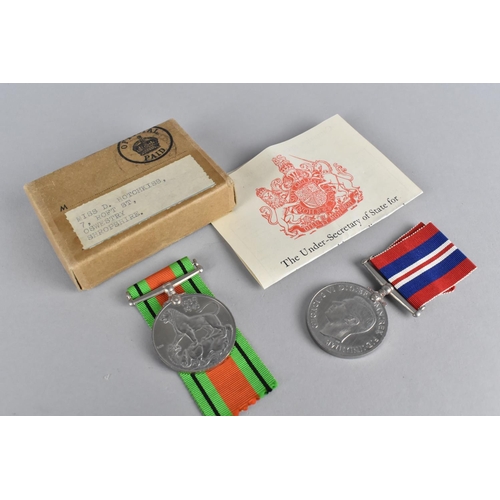 141 - An Original Cardboard Medal Box Containing Two WWII Medals Awarded to Miss D Hotchkiss