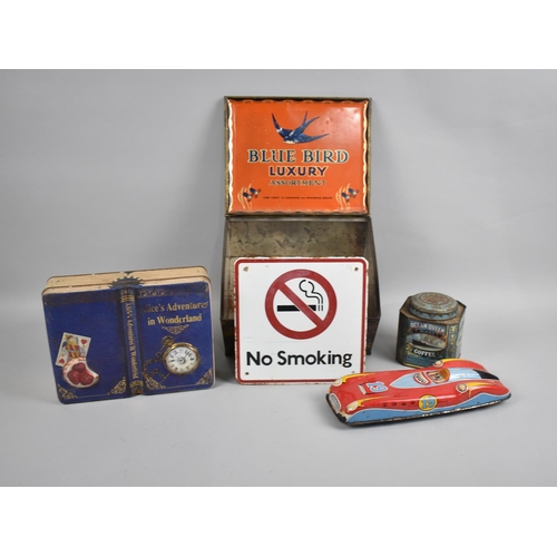 160 - A Vintage Bluebird Toffee Tin, Ocean Queen Coffee Tin, Tin Plate Friction Racing Car (Missing Driver... 