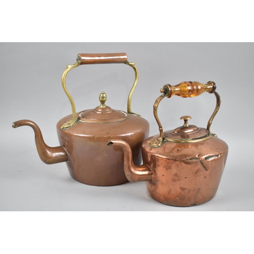 161 - Two Copper Kettles, one with Amber Glass Handle, Other with Acorn Finial