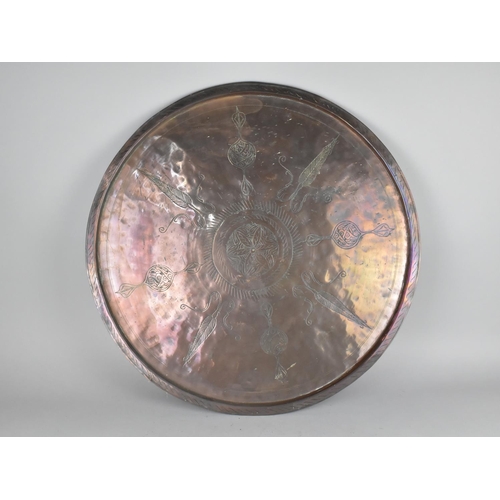 171 - A Heavy Copper Circular Benaries Tray Top with Engraved Decoration, 58.5cms Diameter