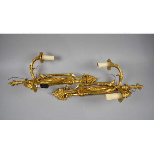 188 - A Pair of Gilt Bronze French Style Two Branch Wall Lights, 51cms High