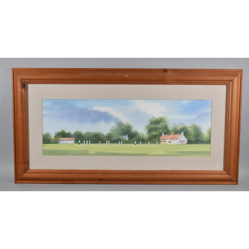 200 - A Pine Framed Watercolour by Nick Grant, Cricket Match, Details Verso, 68.5x23cms