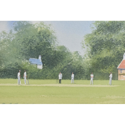 200 - A Pine Framed Watercolour by Nick Grant, Cricket Match, Details Verso, 68.5x23cms