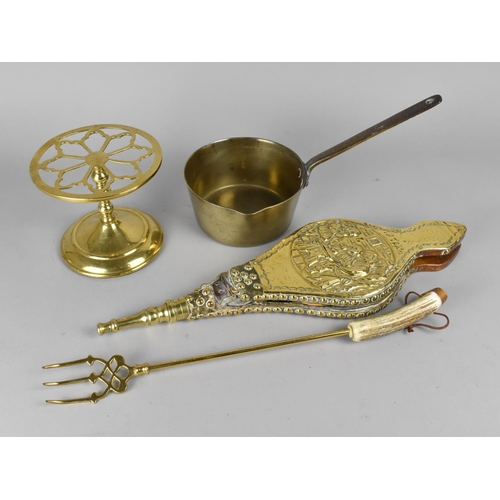 216 - A Pair of Brass Mounted Bellows, Brass Trivet, Toasting Fork and Saucepan