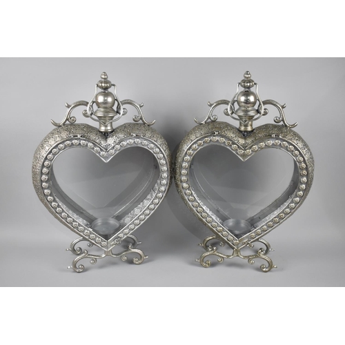 229 - A Pair of Silver Sprayed Pierced Metal Heart Shaped Lanterns, 52cms High