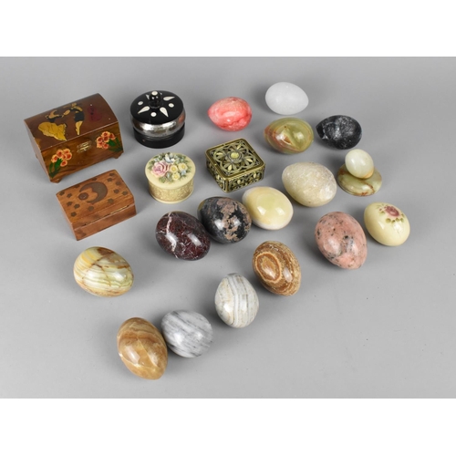 254 - A Collection of Various Polished Stone and Onyx Eggs, Inlaid Boxes Etc