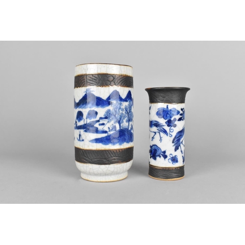 280 - A Chinese Crackle Glazed Blue and White Nanking Brush Pot Decorated with River Village Scene Having ... 