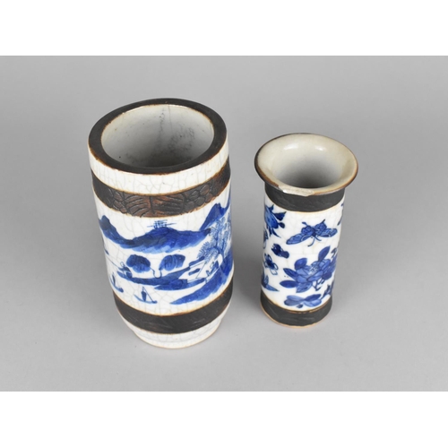 280 - A Chinese Crackle Glazed Blue and White Nanking Brush Pot Decorated with River Village Scene Having ... 