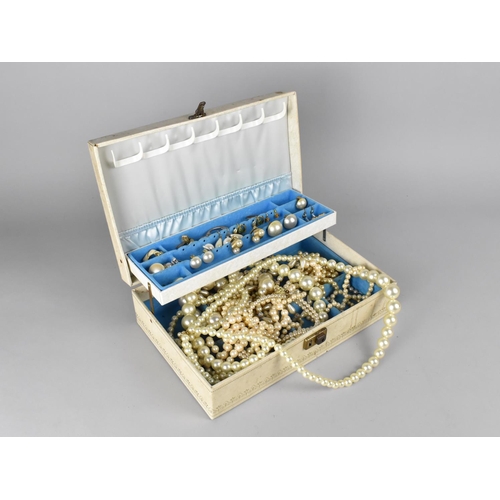 297 - A Vintage Jewellery Box Containing Faux Pearl Necklaces, Earrings Etc