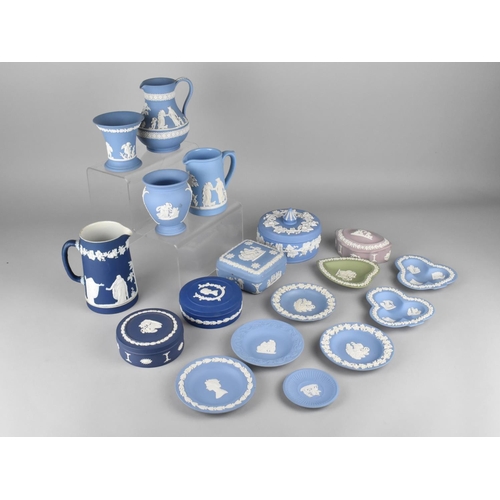 310 - Seventeen Pieces of Wedgwood Jasperware to Comprise Vases, Jugs, Lidded Boxes and Dishes Plus One Ad... 