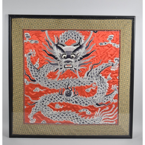 326 - A Framed Embroidered Silk Panel Depicting Dragon and Flaming Pearl, 48cms Square