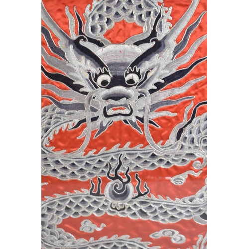 326 - A Framed Embroidered Silk Panel Depicting Dragon and Flaming Pearl, 48cms Square