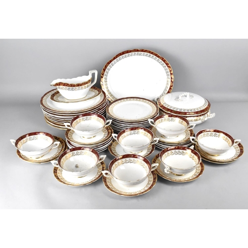 327 - A Large Royal Stafford Bone China Burgundy and Gilt Trim Dinner Service to Comprise Plates, Platter,... 