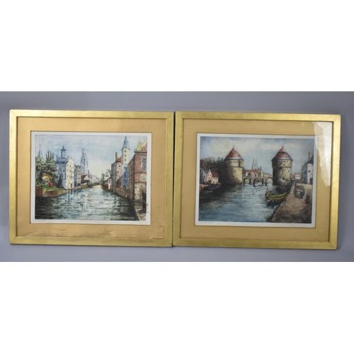 328 - A Pair of Coloured Dutch Canal Prints, Signed to Border, 47x35cms