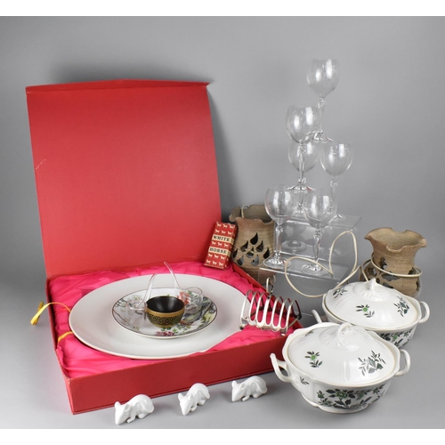 339 - A Box Containing Various Ceramics, Glassware, Silver Plated Toast Rack, Large Cake Plate Etc