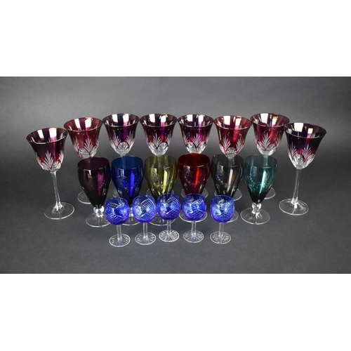 342 - A Collection of Various Coloured Glass to Comprise Set of Eight Wine Glasses, Five Sherries and Six ... 