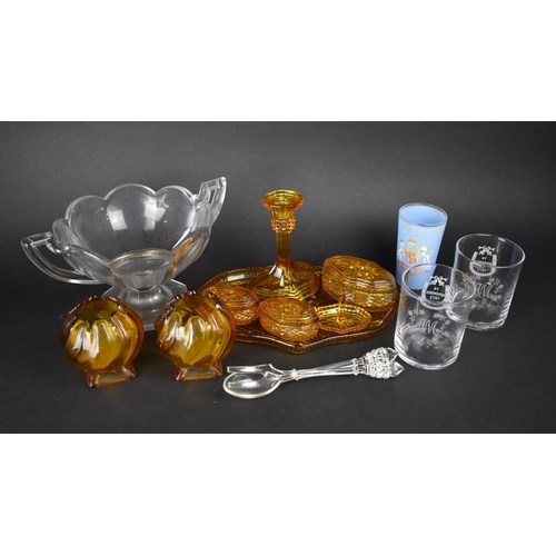 344 - A Collection of Glassware to Comprise Amber Glass Dressing Set, Pedestal Twin Handled Bowl etc