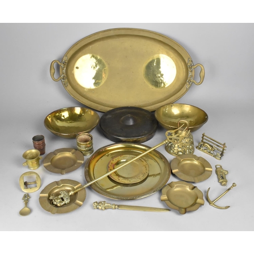 377 - A Collection of Various Brass to Comprise Oval Tray with Scrolled Handles, Pan Bowls, Metal Gong, Be... 