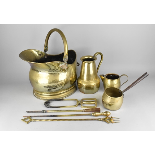 379 - A Collection of 19th Century and Later Brasswares to Comprise Coal Bucket (Base AF), Jugs, Pot and F... 